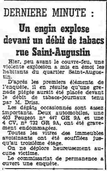 Un engin explose devant un débit de tabacs rue Saint Augusiin